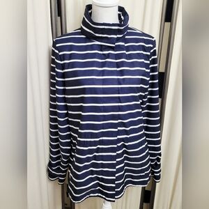 Nautica Navy Blue and White Striped Rain Jacket w/Roll Away Hood | Size Large